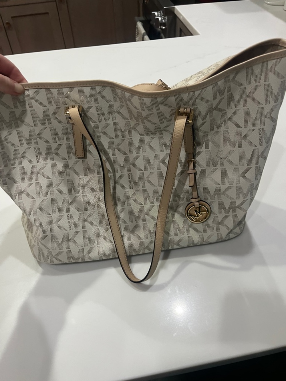 Michael Kors Cream Canvas MK Logo Tote with Tan Trim
